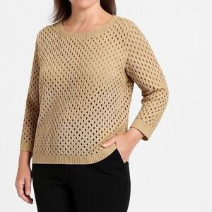 Alfred‎ Dunner Womens Petite Medium Gold Metallic Open Knit Lightweight Sweater